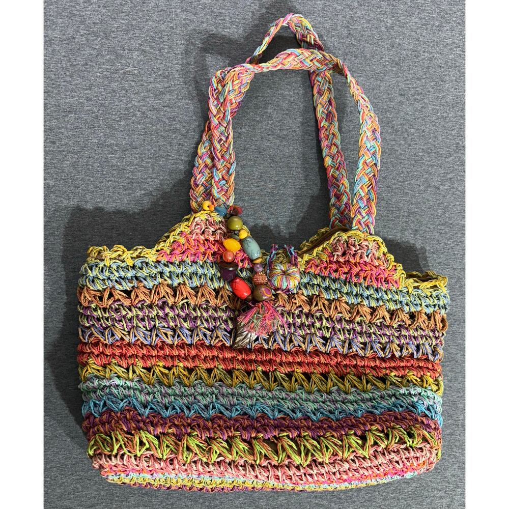 Blue Miami | Women's Multicolor Woven Canvas Straw Basket Beach Tote Handbag